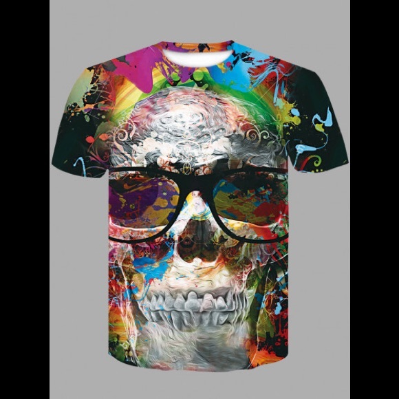 Multicolored Graffiti Sugar Skull 💀 Head Short Sleeve T-Shirt - Picture 1 of 2